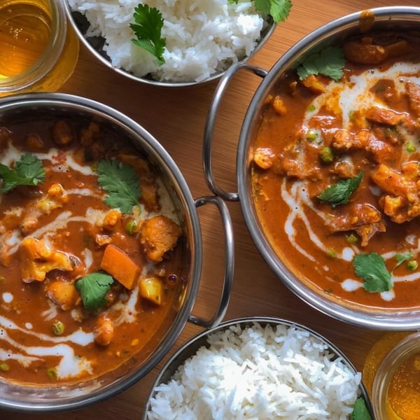 Two bowls of Indian curry with rice and a drink on a wooden table, overhead view.