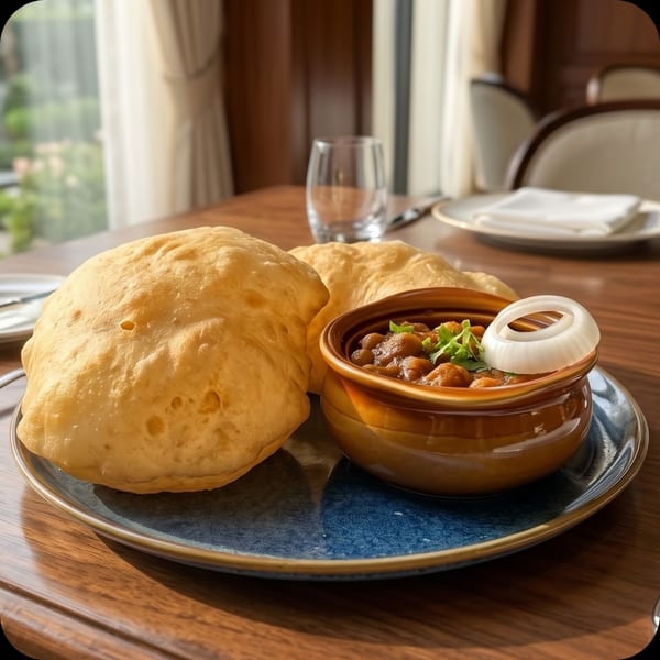 Golden fried puri bread and chana masala with onion and cilantro on a blue plate.