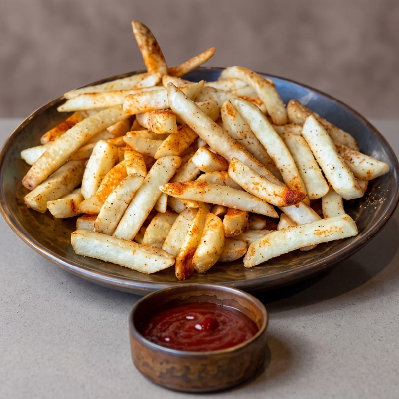 A plate of seasoned french fries with a small bowl of ketchup on a gray surface.