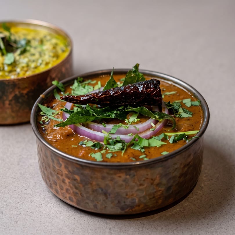 Two copper bowls of Indian curry, one dark brown and one yellow-green, garnished with herbs and onions.