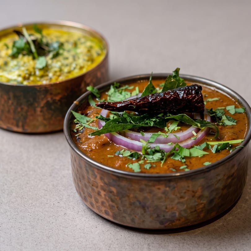 Two copper bowls of Indian curries, one red with onions and chili, one green, on a gray surface.