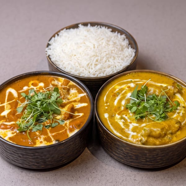 Two bowls of Indian curry, one orange and one yellow, with a bowl of white rice.