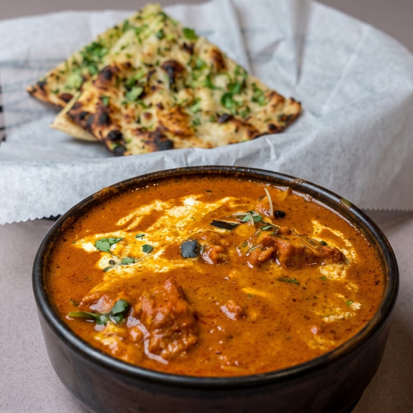 A black bowl of butter chicken with cream swirls and cilantro, with naan bread in the background.