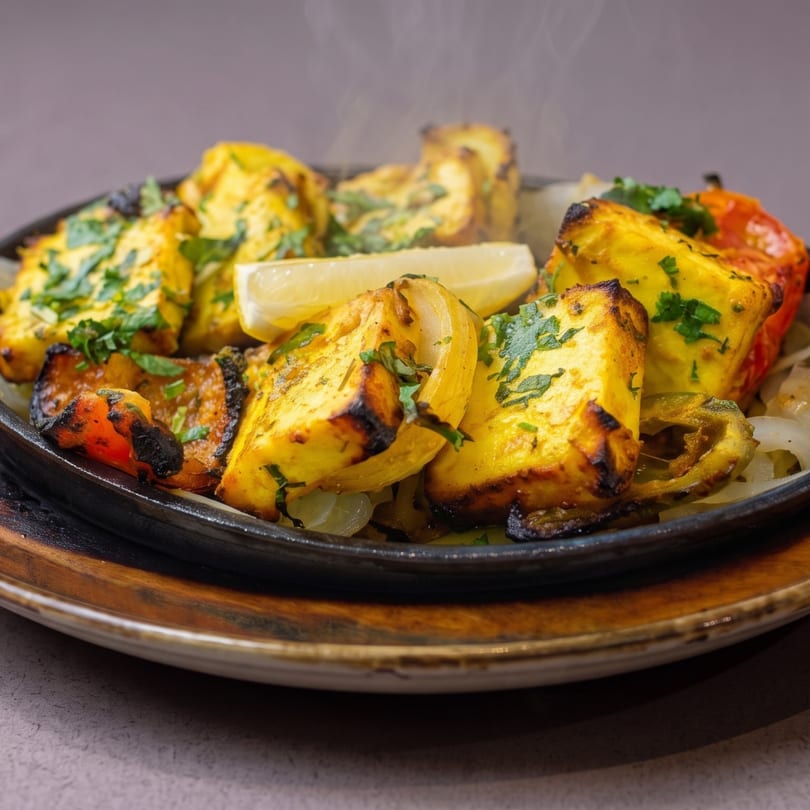 Steaming paneer tikka with charred vegetables, cilantro, and a lemon wedge on a sizzling platter.