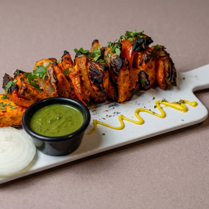 Grilled paneer and onions on a white platter with green chutney, mustard, and a sliced onion.